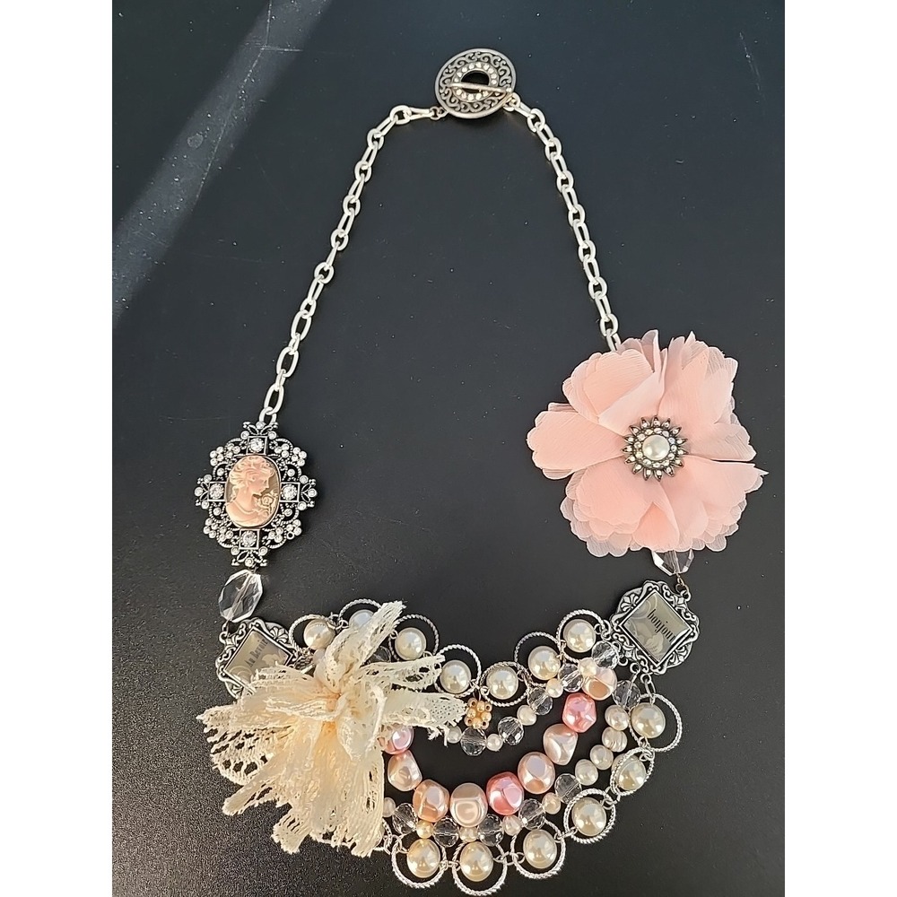 Statement necklace with Pink Cameo,‎  pearls, Fabric Flowers, Crochet